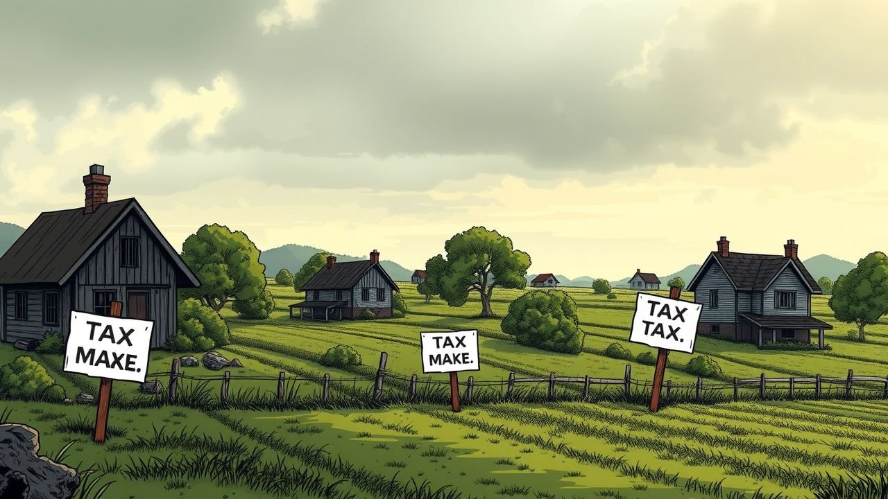 The image depicts a rural landscape with different houses showcasing the impact of tax policies on property values.