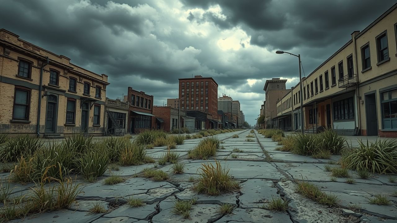 Deserted city street with overgrown weeds and worn buildings creates a neglected and deteriorating environment.