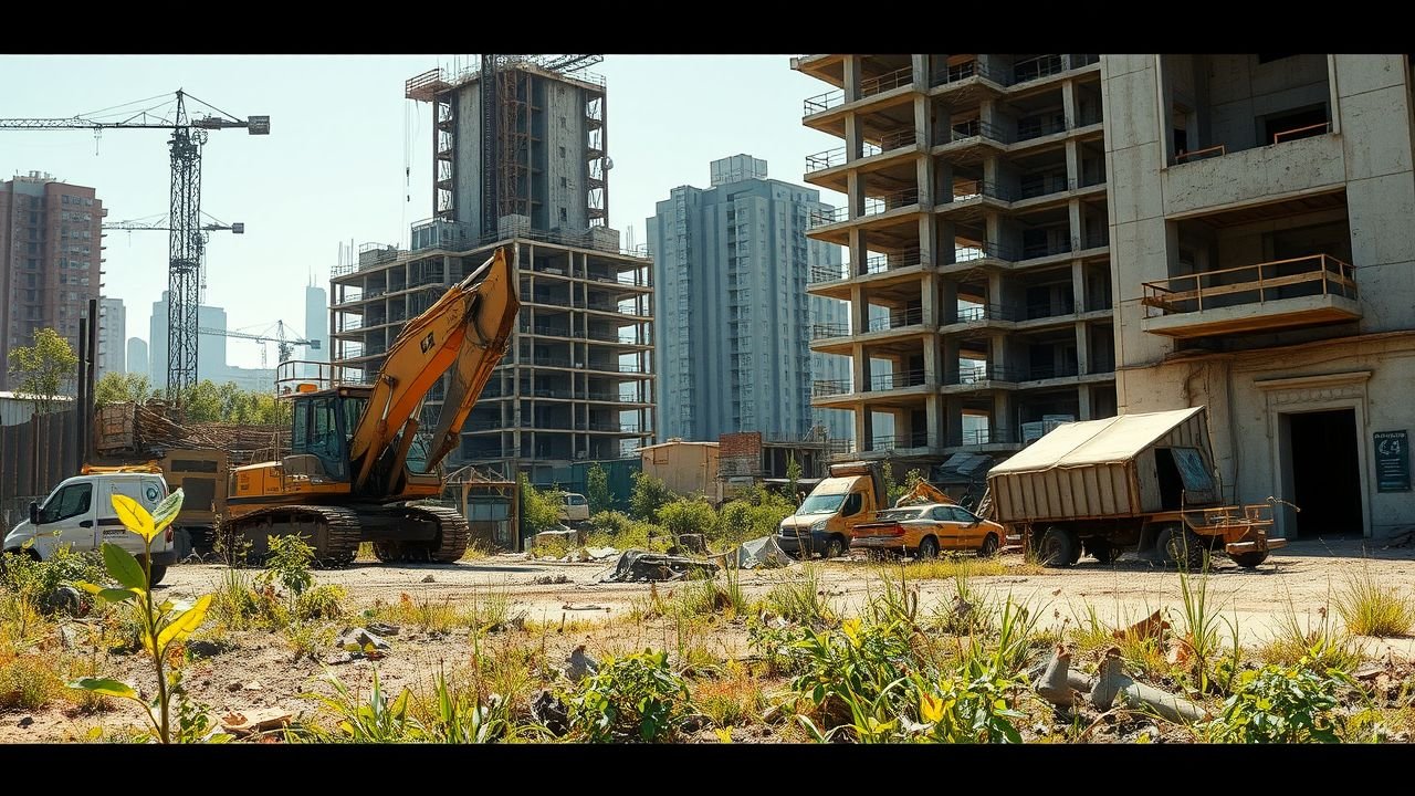 Deserted urban construction site with abandoned machinery and half-built structures, evoking a sense of desolation and lost opportunities.