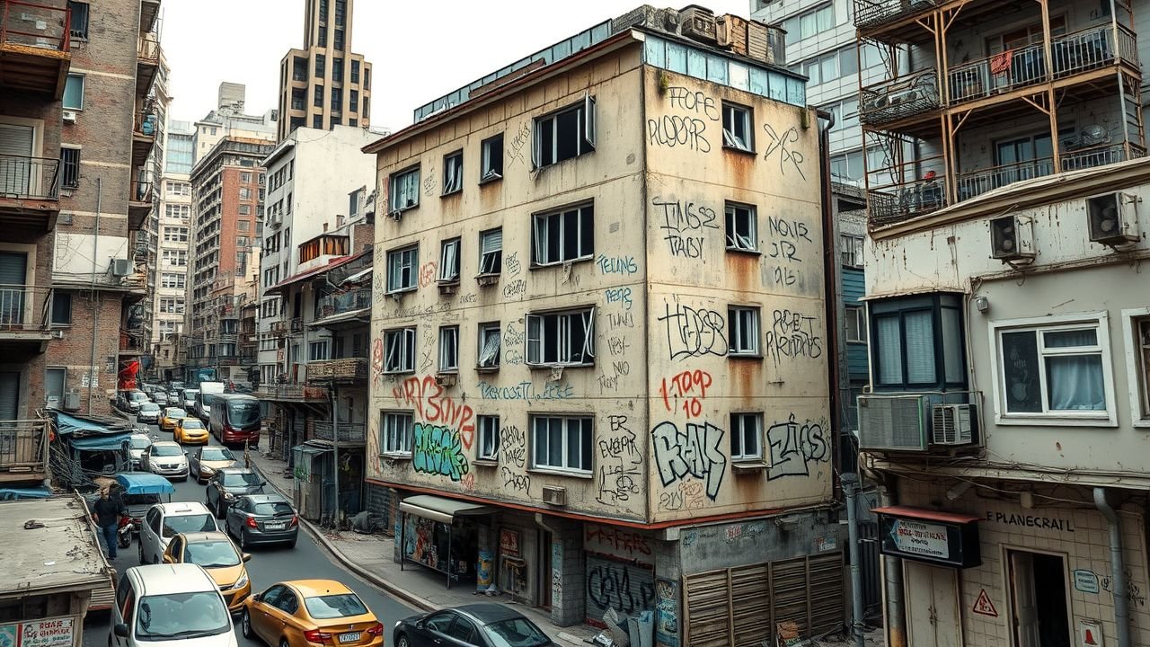 The image depicts a rundown apartment building in a deteriorating urban area.