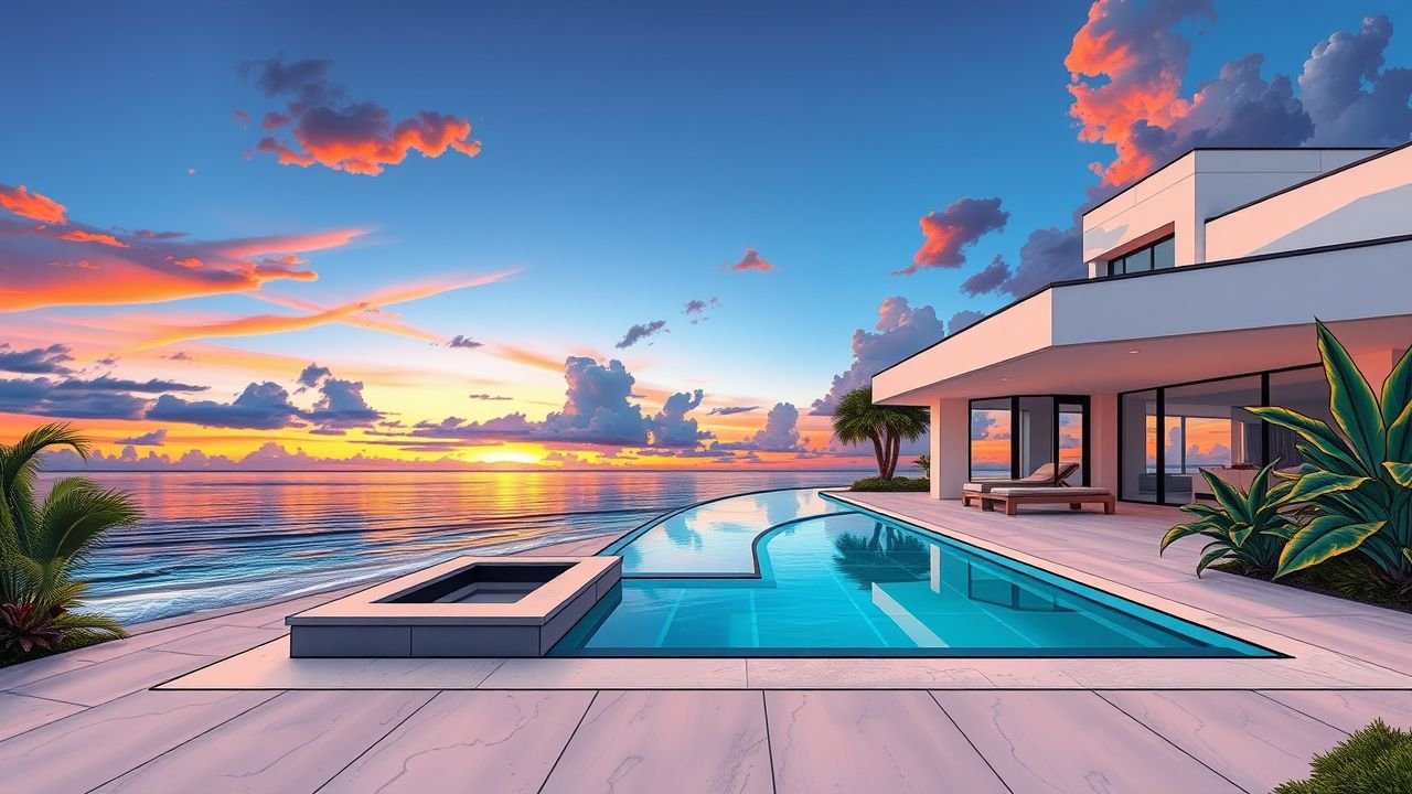 The image depicts a modern beachfront villa with an infinity pool overlooking the ocean at sunset.