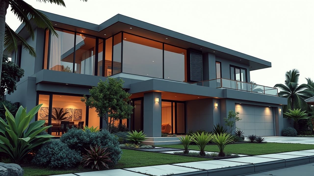 The image depicts a modern luxury home with innovative design and sustainable landscaping.