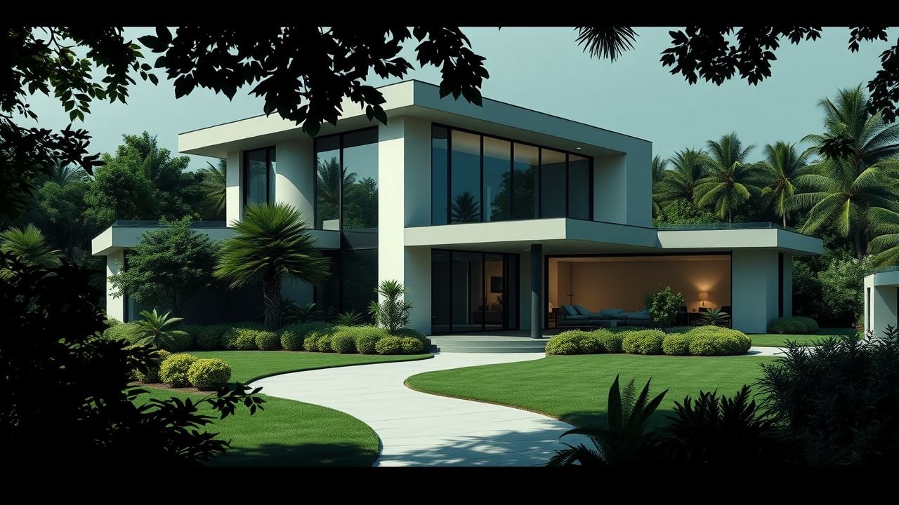 A modern luxury home with sustainable design and smart home technology surrounded by lush landscaping.