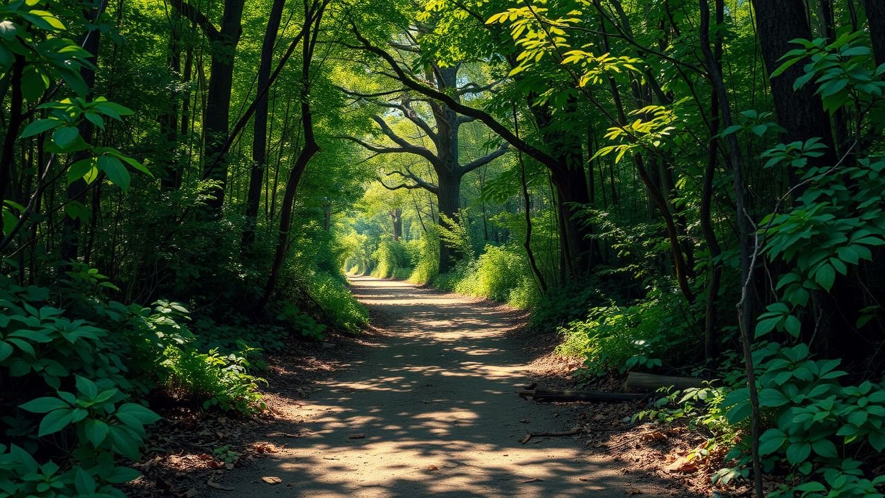 A serene forest path with lush green foliage and signs of decay.