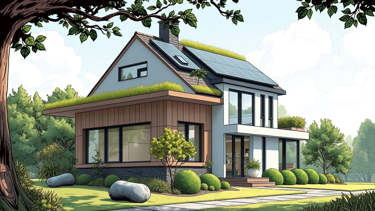 The image depicts a modern smart home with sustainable design elements in an eco-friendly setting.