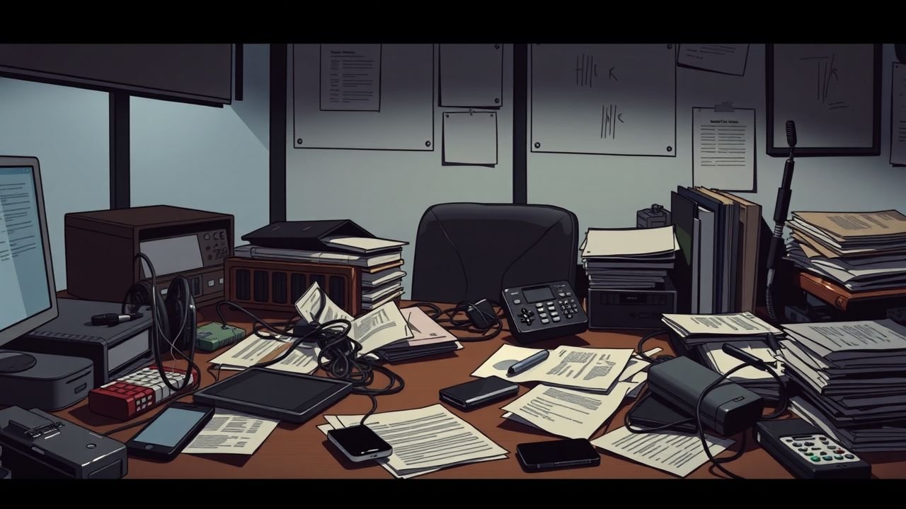 A cluttered desk in a dimly-lit office with real estate technology gadgets and disorganized papers.