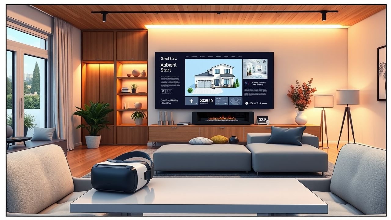 A modern smart home interior with virtual reality headset, digital floor plan, and advanced technology devices.