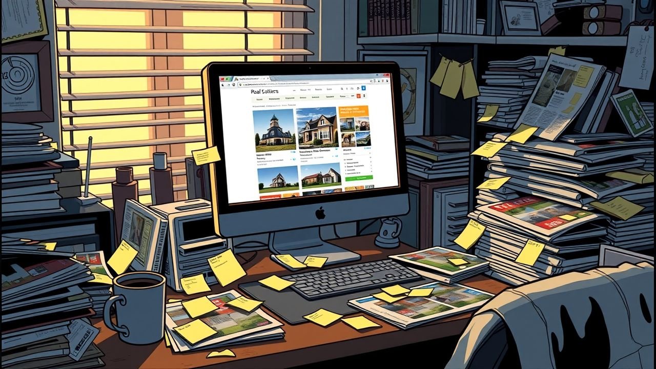 A cluttered home office with real estate materials and a computer screen displaying a property listing website.