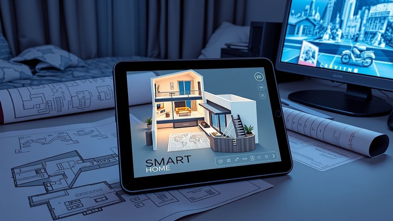 A digital tablet displays a virtual reality simulation of a modern smart home, surrounded by architectural blueprints and augmented reality markers.