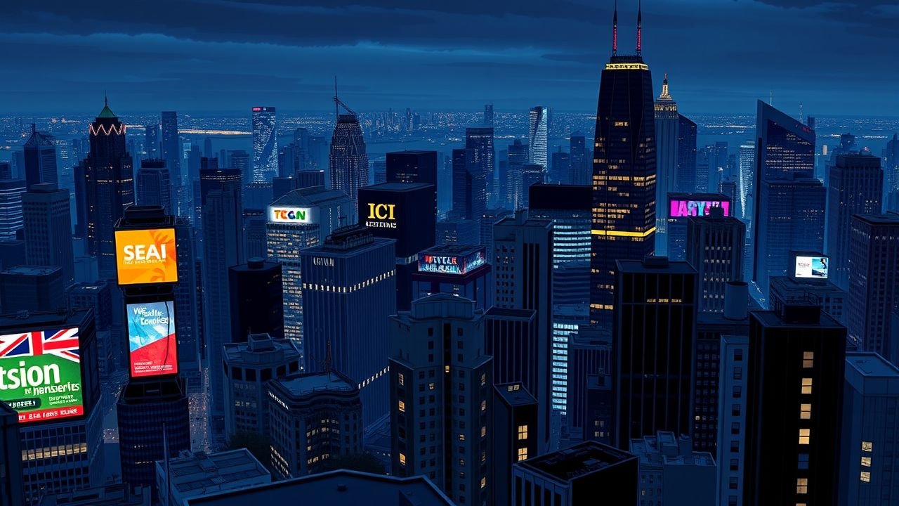 A vibrant, modern city skyline at night, showcasing rapid urban development and digital billboards.