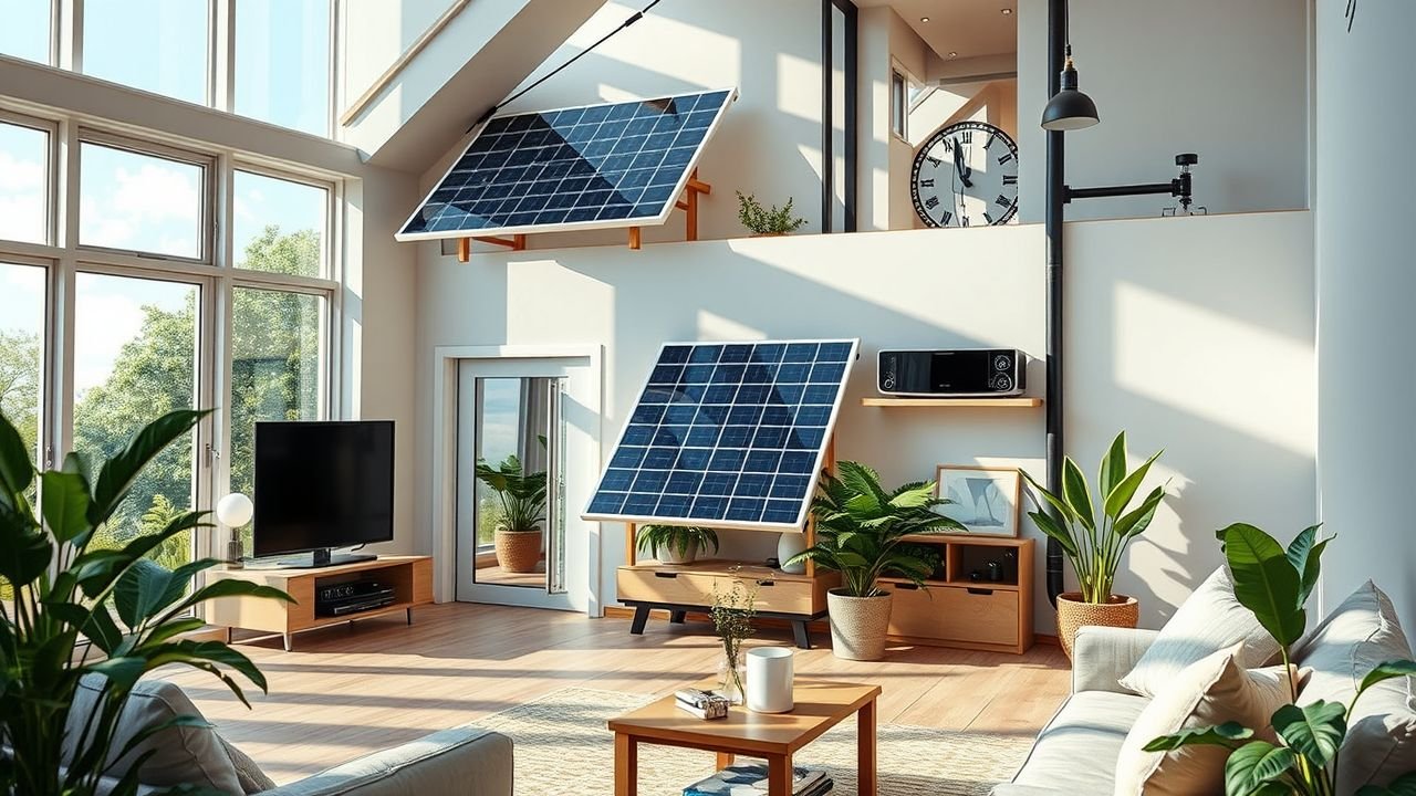 The image shows a solar-powered smart home with energy-saving technologies and sustainable design.