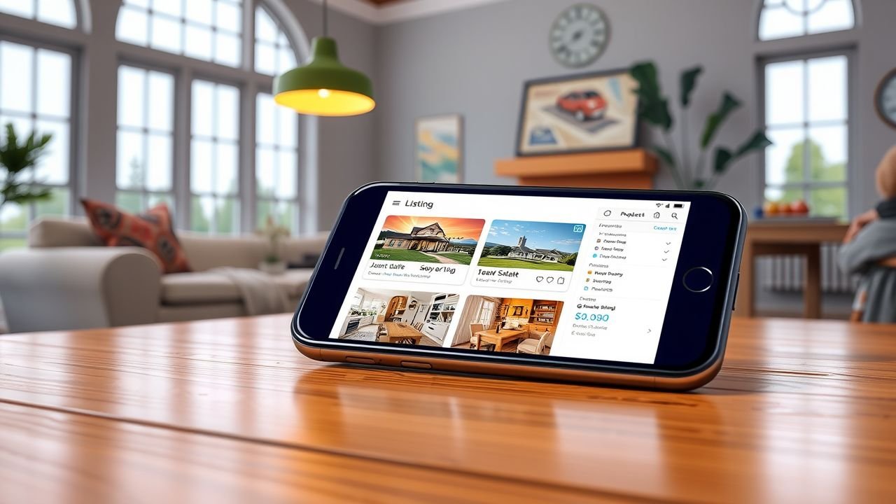 A smartphone displaying a real estate website, with various properties and user-friendly navigation options.