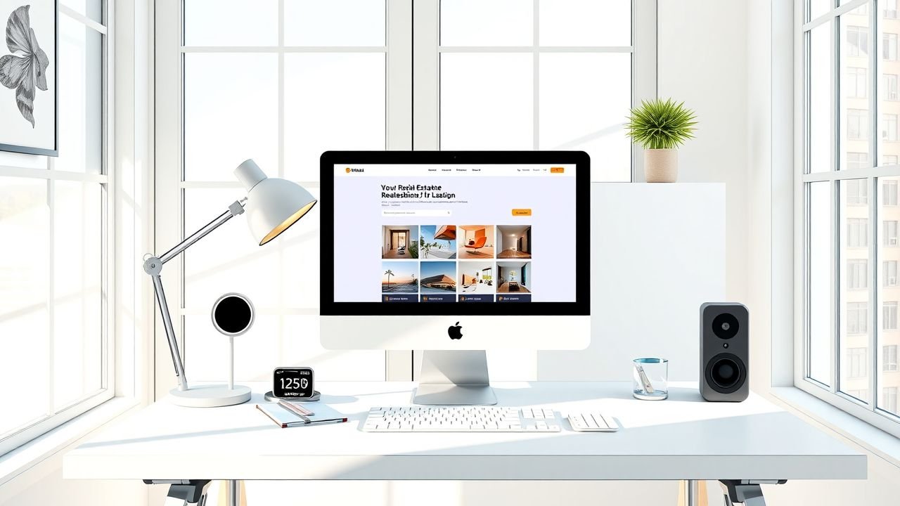 A modern home office desk with digital real estate platform displayed on the laptop screen.