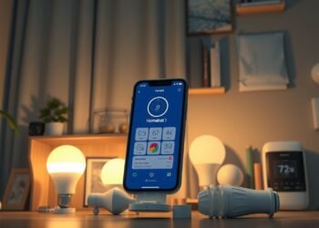 A smartphone displaying a home automation app interface is floating above a desk with smart home devices, light bulbs, and framed pictures in the background.