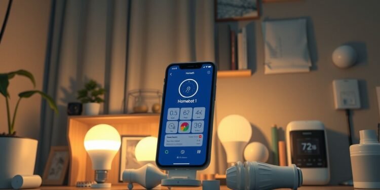 A smartphone displaying a home automation app interface is floating above a desk with smart home devices, light bulbs, and framed pictures in the background.