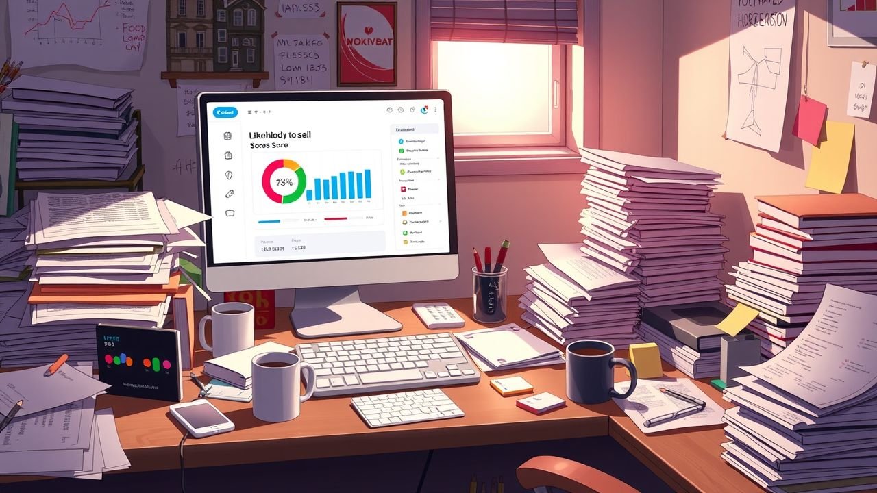 A cluttered home office desk with a computer displaying the Likelihood to Sell Score on the Homebot AI app.