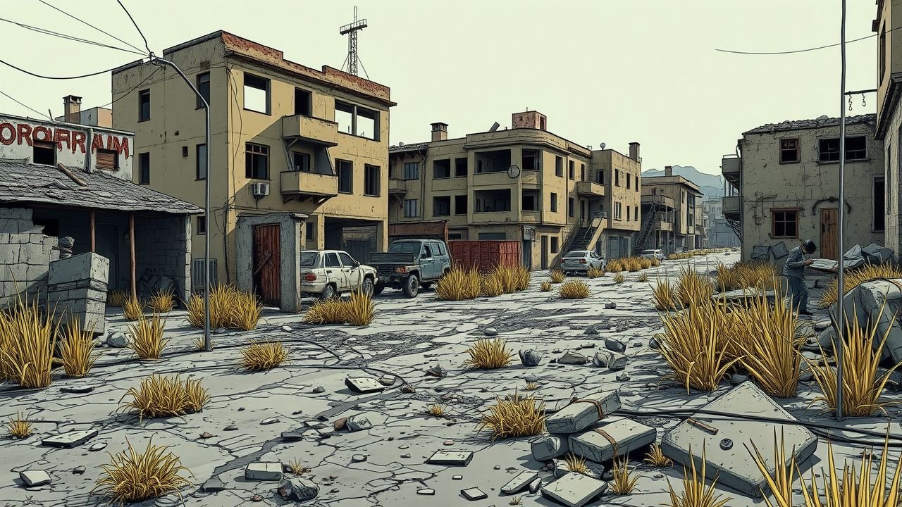 The image depicts a deserted urban landscape with neglected buildings and potential for renewable energy investments.