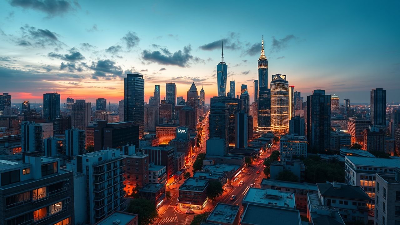 The image depicts a bustling city skyline at dusk with high-rise buildings and vibrant street life.