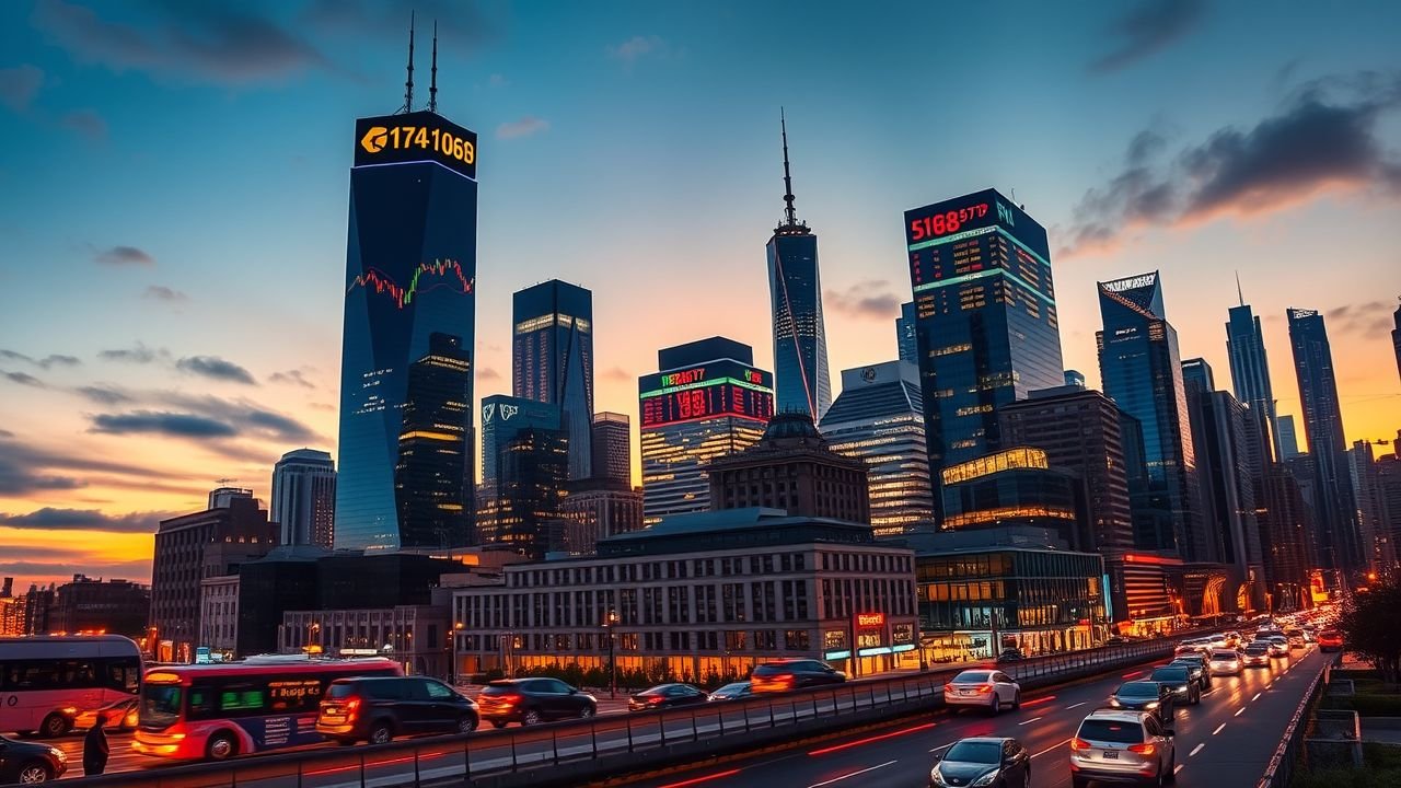 A comic book style image of a modern city skyline at dusk with illuminated skyscrapers and bustling traffic below.