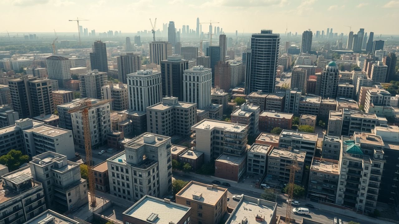 The image shows a cityscape with a mix of old and new buildings, highlighting the changing nature of real estate.