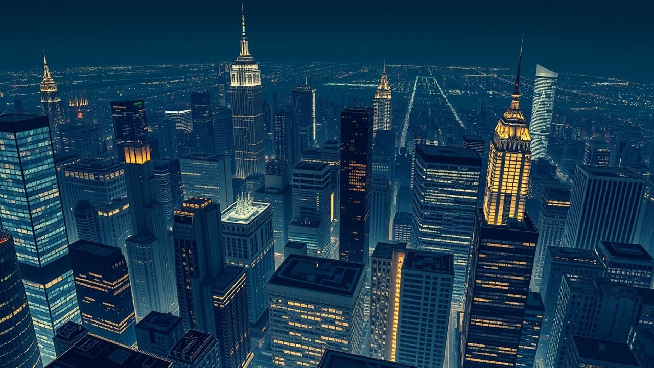 A comic book style aerial view of a bustling city at night with illuminated skyscrapers.