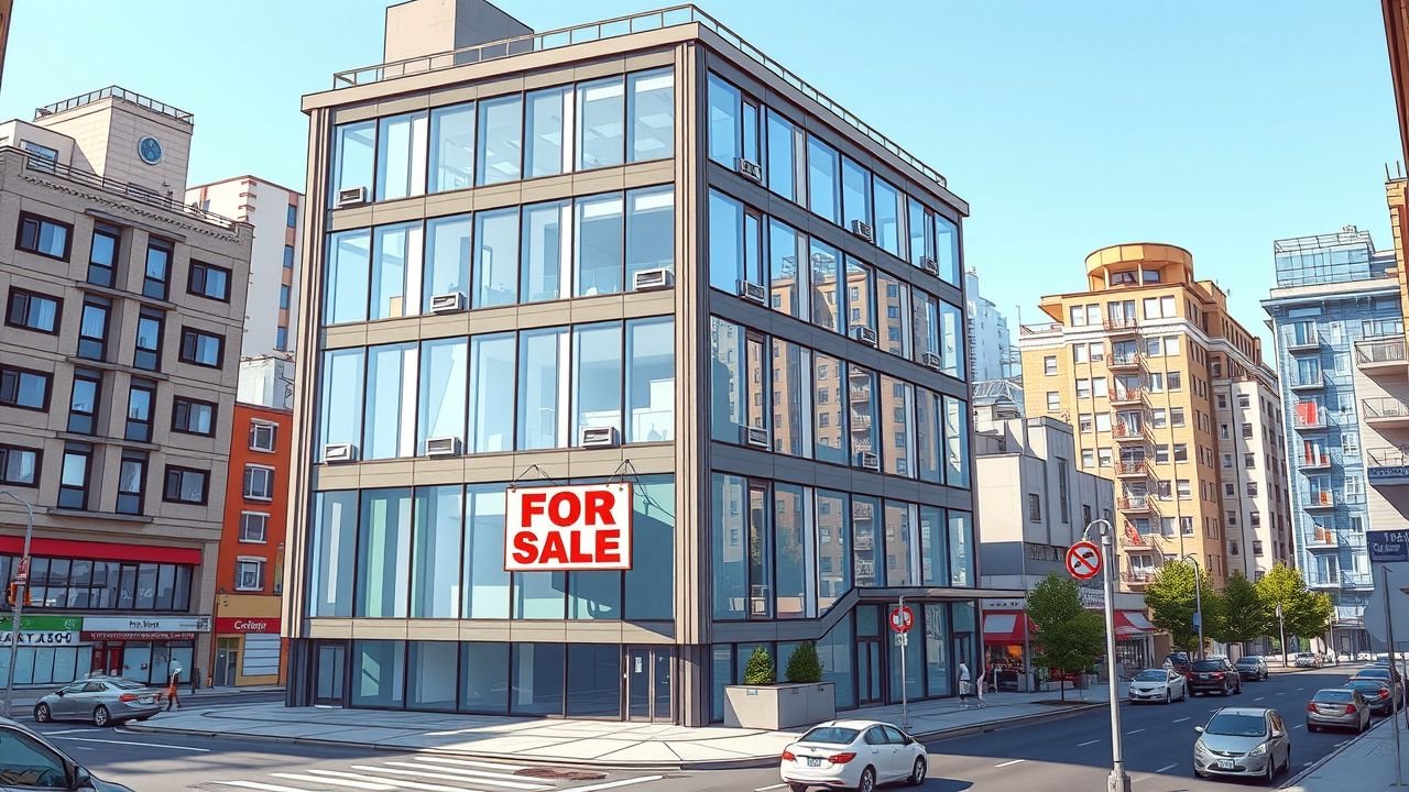 A modern office building with a 'For Sale' sign in a busy city center.