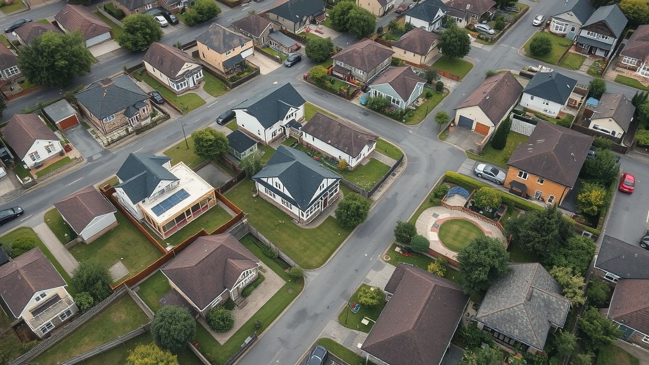 The image depicts a suburban neighborhood with a mix of home styles and varying levels of property maintenance.