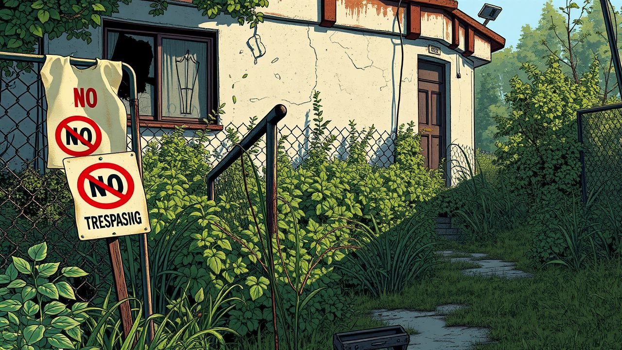 The image depicts an abandoned property with overgrown weeds, faded signs, and neglectful appearance.