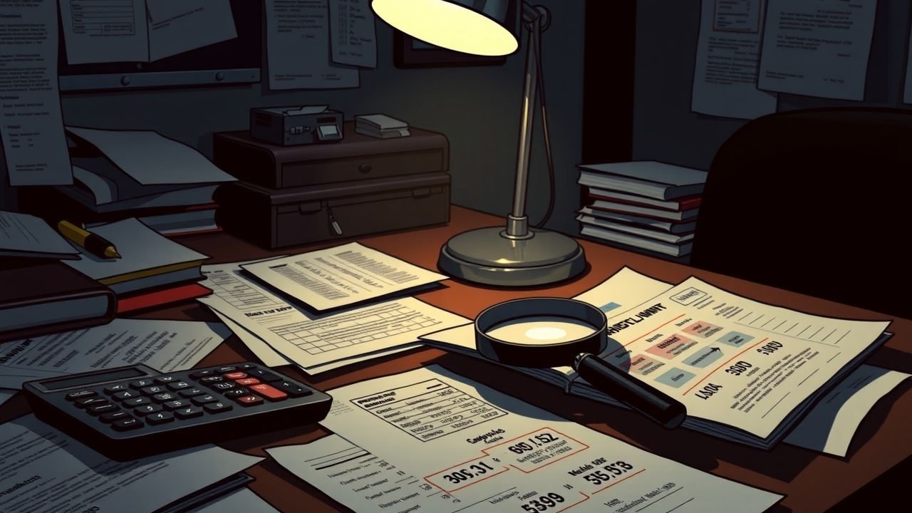 The cluttered desk in a dimly lit office conveys a sense of urgency and financial work.