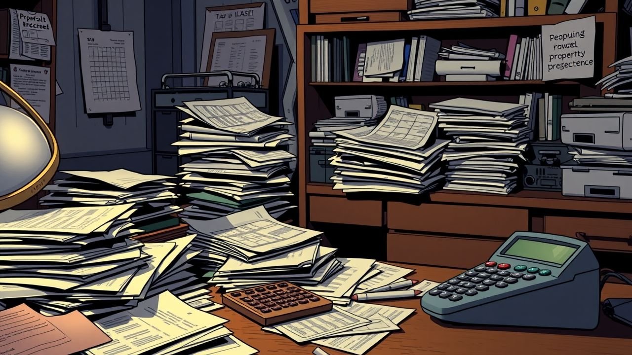 Cluttered home office with stacks of paperwork and a disorganized calculator in dim lighting.