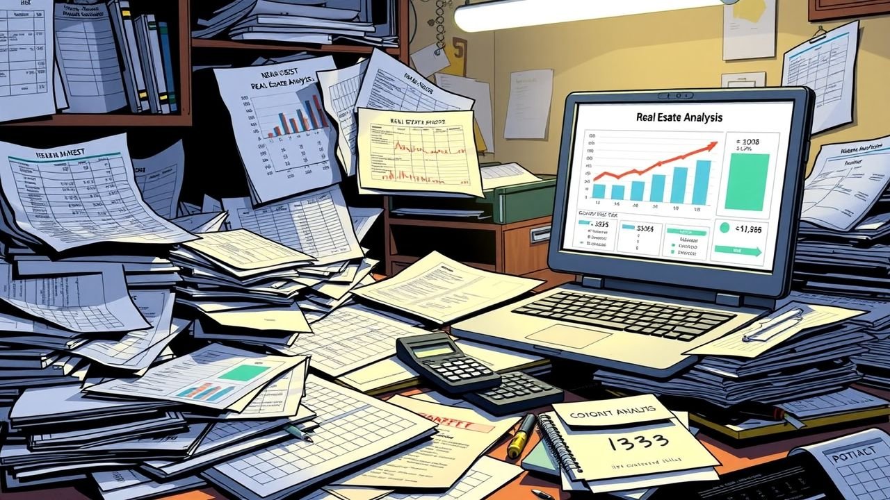 A cluttered desk with financial reports, spreadsheets, and real estate analysis software.