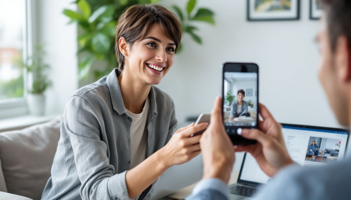 A real estate agent in their mid-30s films a property tour video for social media.