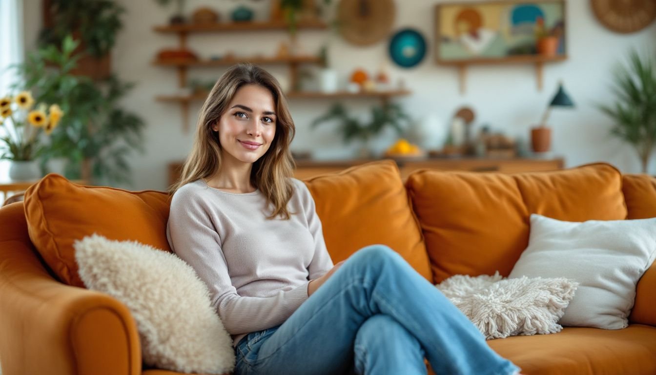 A woman in her 30s relaxes on a vintage-inspired orange sofa in a cozy mid-century styled room.