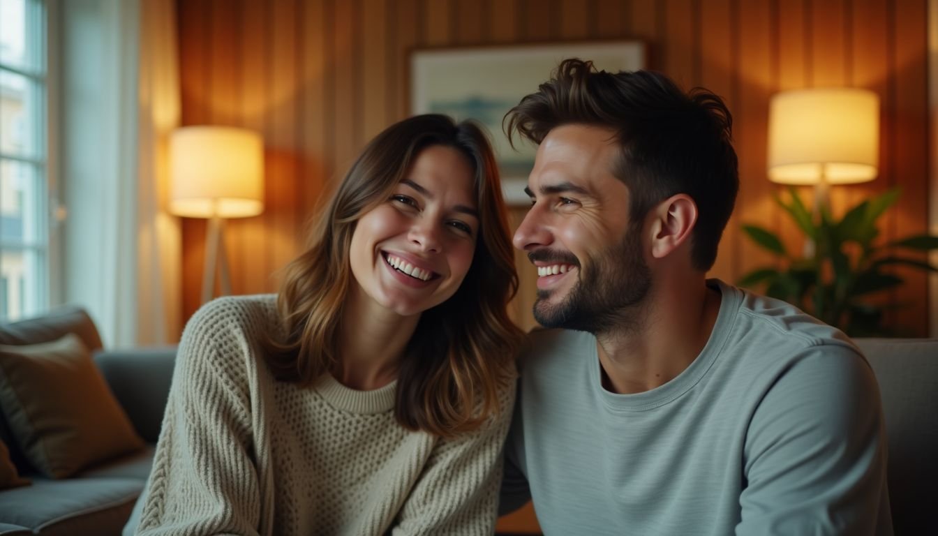 A couple in their mid-30s enjoying a cozy evening in their living room with a mix of retro and Japandi decor.