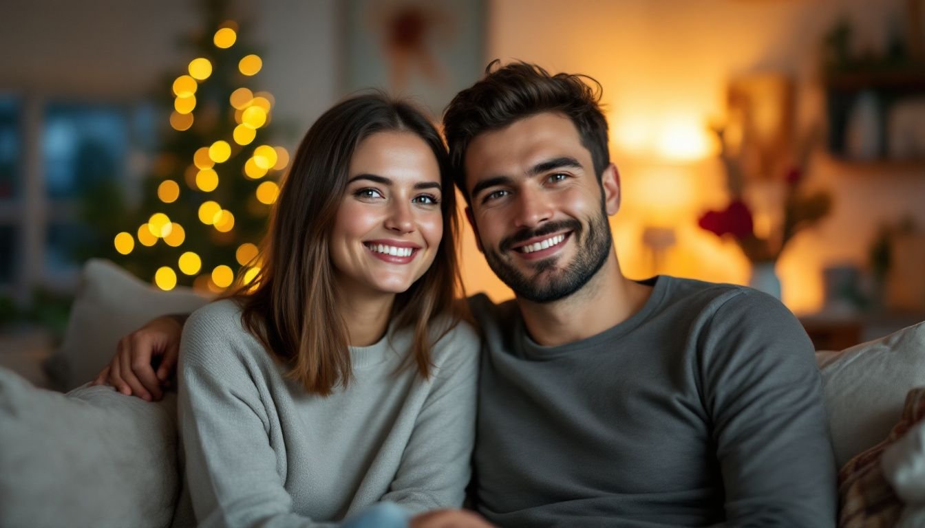 A couple in their 30s enjoys a cozy evening at home in a modern, well-lit room.