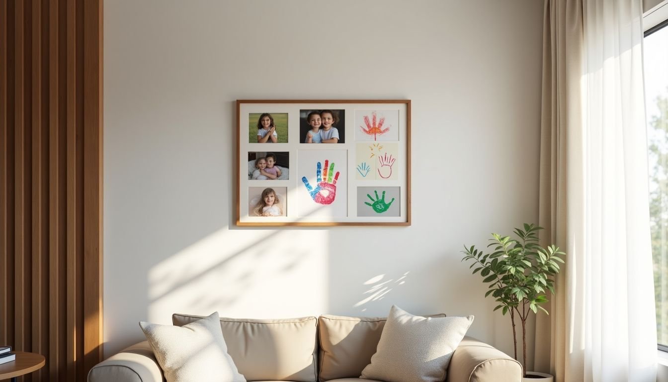 A framed scrapbook with children's artwork and family photos hangs on a minimalist wall in a modern living room.