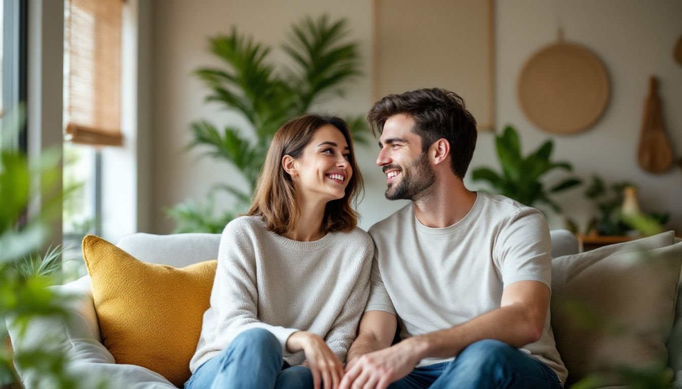 A couple in their 30s sits in a Japandi-style living room, smiling and relaxed.