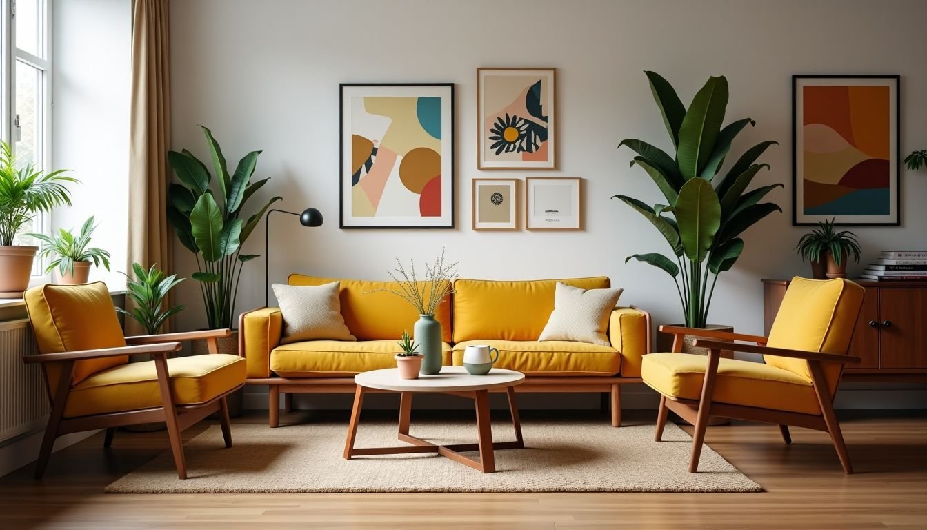 This is a cozy living room with mid-century modern furniture, smart home devices, indoor plants, and vintage art pieces.