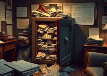 A cluttered office with an overflowing safe filled with money and papers hints at the secrets of maximizing your returns. Contracts and documents are scattered across the room, illuminated by a desk lamp, suggesting pro tips on real estate investing lie within.