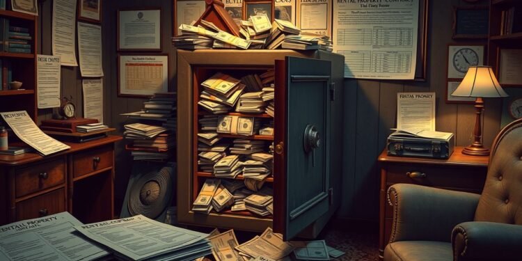 A cluttered office with an overflowing safe filled with money and papers hints at the secrets of maximizing your returns. Contracts and documents are scattered across the room, illuminated by a desk lamp, suggesting pro tips on real estate investing lie within.