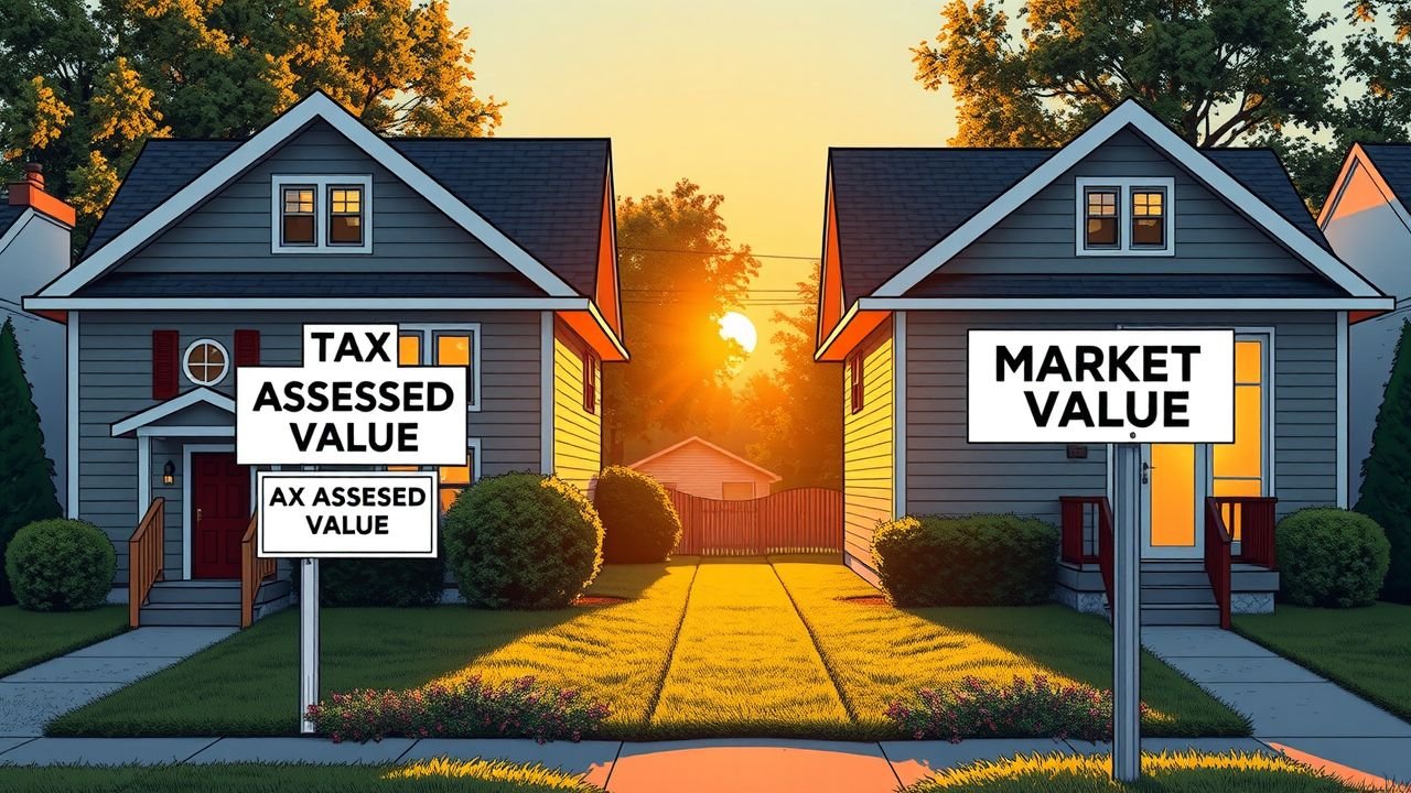 Two identical houses in a suburban neighborhood display different tax assessed and market values.