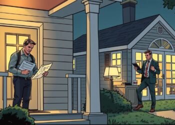 Two men are on a porch. One reads a newspaper while the other exits a small building, carrying a tablet. It's evening, and the buildings are lit from within.