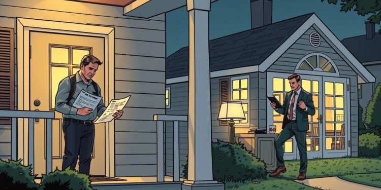 Two men are on a porch. One reads a newspaper while the other exits a small building, carrying a tablet. It's evening, and the buildings are lit from within.