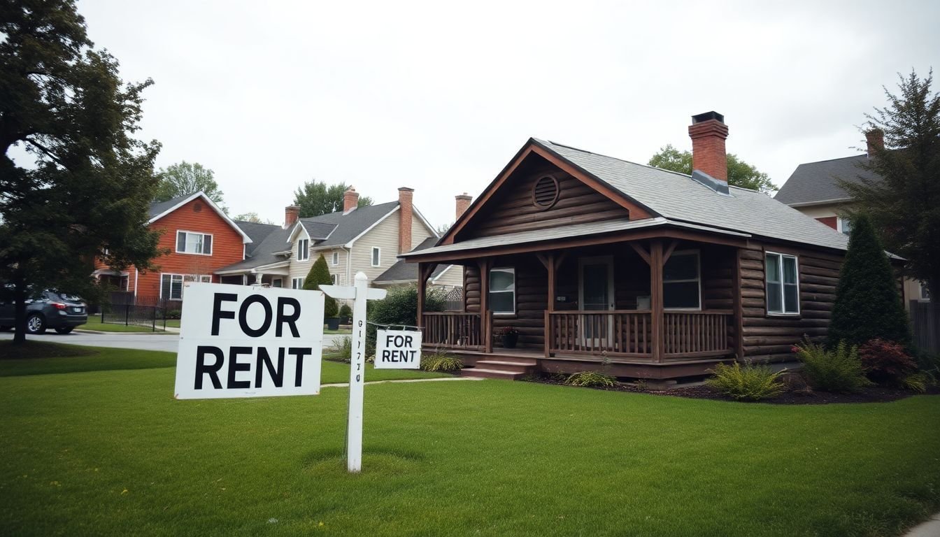 A rustic wooden rental property with a 'For Rent' sign in a charming neighborhood setting.