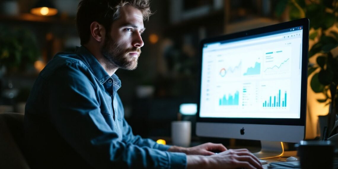 A person working at a desk, analyzing graphs and data on a computer screen in a dimly lit room.