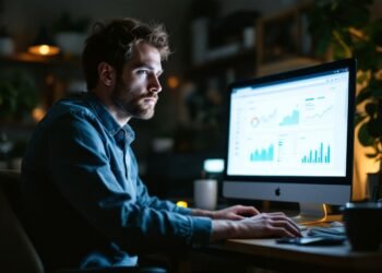 A person working at a desk, analyzing graphs and data on a computer screen in a dimly lit room.