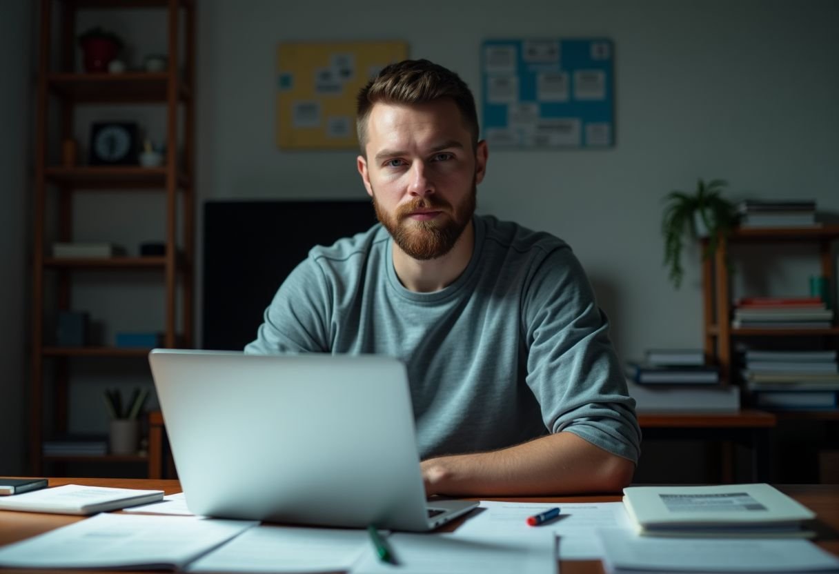 A man sits at a cluttered desk with SEO tools and laptop.
