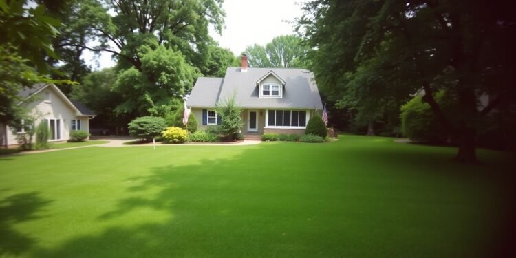 A white house with a gray roof is surrounded by a large, manicured lawn and tall trees. Another small structure is visible to the left. The scene is bright and lush.