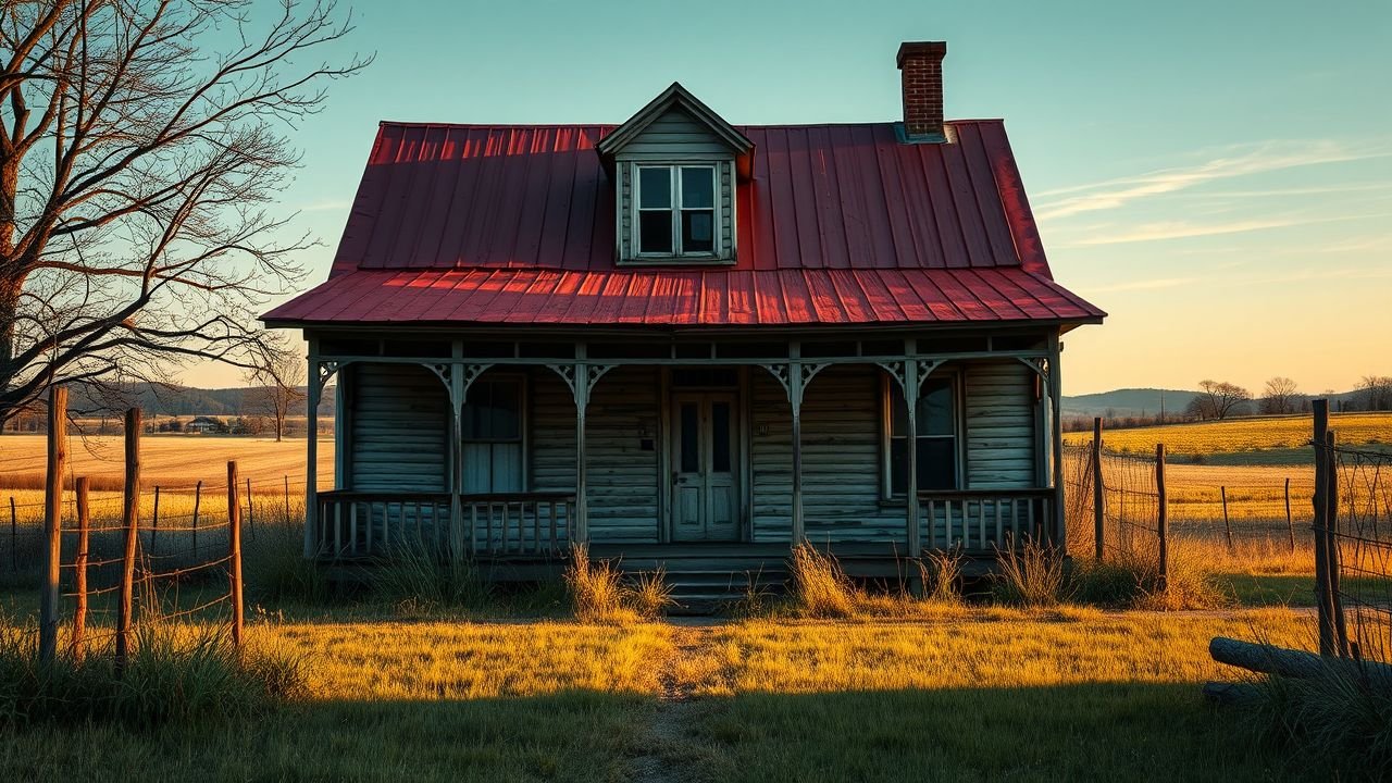 An abandoned historic house with a worn red roof in a peaceful countryside setting.