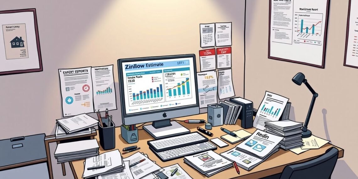A cluttered desk with a computer displaying a real estate report, surrounded by papers, charts, books, and office supplies. Walls are adorned with graphs and documents.